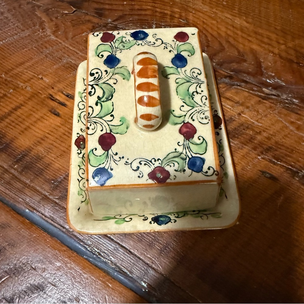 Antique Hand-Painted Floral Ceramic Butter Dish
